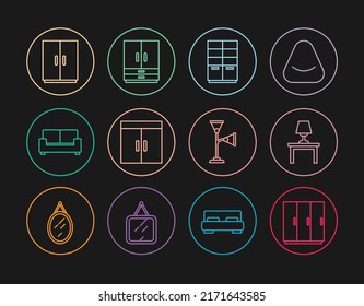 Fijar el armario de línea, la lámpara de mesa sobre la mesa, el Sofá, el suelo y el icono. Vector