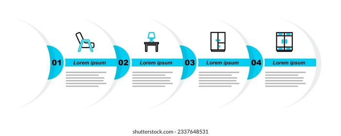 Set line Wardrobe, Table lamp on table and Armchair icon. Vector