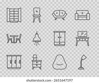 Set line Wardrobe, Table lamp, Sofa, Nightstand with, Lamp hanging, Pouf and Dressing table icon. Vector