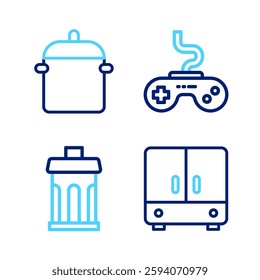 Set line Wardrobe, Trash can, Gamepad and Cooking pot icon. Vector