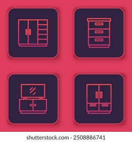 Set line Wardrobe, TV table stand, Furniture nightstand and . Blue square button. Vector