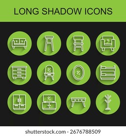 Set line Wardrobe, TV table stand, Sofa, Office desk, Coat, Dressing, Bunk bed and Mirror icon. Vector