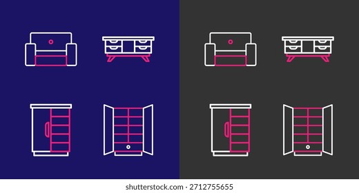 Set line Armario, mesa de TV e icono de Sillón. Vector