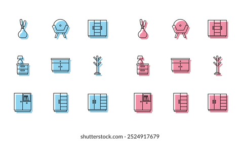 Set line Wardrobe, Vase, Furniture nightstand, Coat, with lamp and Armchair icon. Vector