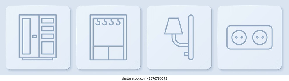 Set linha Guarda-roupa, Wall sconce, Guarda-roupa e tomada elétrica. Botão quadrado branco. Vetor
