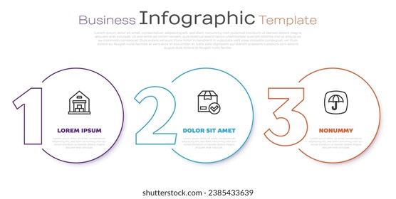 Establecer almacén de línea, casilla de correo con marca de verificación y paraguas de paquete de entrega. Plantilla de infografía empresarial. Vector