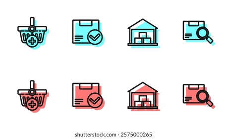 Set line Warehouse, Add to Shopping basket, Package box with check mark and Search package icon. Vector