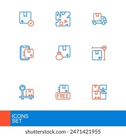 Almacén con cajas, símbolo libre de cartón, cartón de la escala, medida, marcador de seguimiento de documentos, cartón, camión de carga de entrega e icono roto. Vector