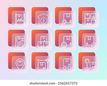 Set line Warehouse with boxes, Cardboard measurement, Gear package, traffic symbol, Carton cardboard, Search, interior and price icon. Vector