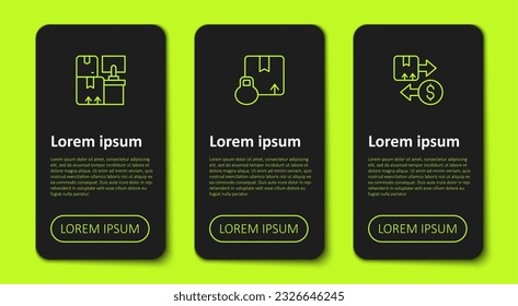 Set line Warehouse with boxes, Carton cardboard and Tax. Business infographic template. Vector