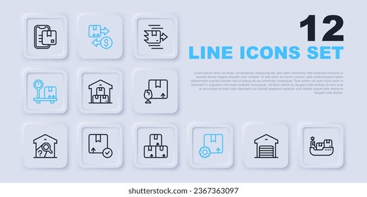 Establecer almacén de línea, envío de carga con entrega de cajas, almacén completo, paquete de engranajes, cartón de escala, cartón, impuesto e icono. Vector