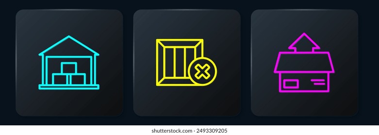 Set line Warehouse, Carton cardboard box and Wooden and delete. Black square button. Vector