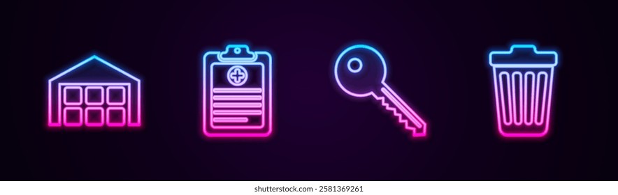 Set line Warehouse, Clinical record, Key and Trash can. Glowing neon icon. Vector