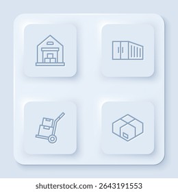 Linha Set Armazém, Contentor, Caminhão de mão e caixas e Cartão de cartão. Botão quadrado branco. Vetor
