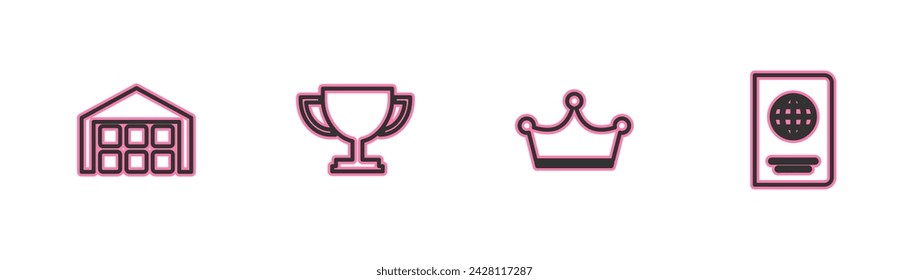 Set line Warehouse, Crown, Trophy cup and Passport icon. Vector