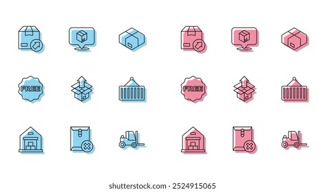 Set line Warehouse, Delete envelope, Carton cardboard box, Forklift truck, Unboxing, Container crane, rice tag with Free and Location icon. Vector