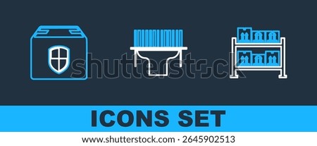 Set line Warehouse, Delivery box security shield and Scanner scanning bar code icon. Vector