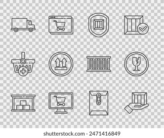 Almacén de la línea, mano de la entrega con las cajas, escudo de la seguridad, Carrito de compras en la computadora, vehículo del camión de carga, este lado hacia arriba, sobre e icono frágil del vidrio roto. Vector
