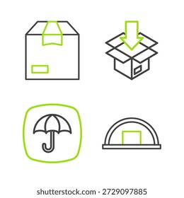 Definir linha Depósito, Pacote de entrega com guarda-chuva, Caixa de papelão e ícone. Vetor