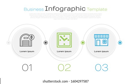 Set line Warehouse with dollar symbol, Clock and Shopping building or market store. Business infographic template. Vector