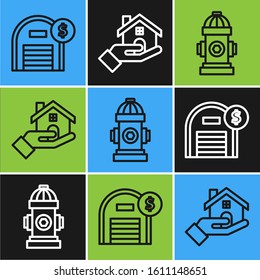 Set line Warehouse with dollar symbol, Fire hydrant and Realtor icon. Vector