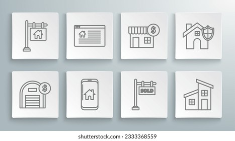 Set line Warehouse with dollar symbol, Hanging sign text Online Sale, Mobile phone smart home, Sold, House, shield and  icon. Vector