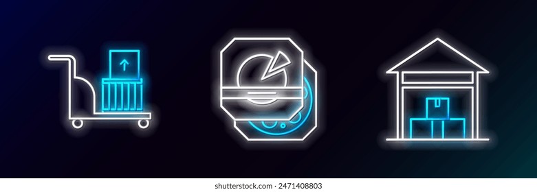 Set line Warehouse, Electric hand truck and boxes and Pizza in cardboard icon. Glowing neon. Vector