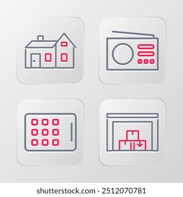 Set line Warehouse, Graphic tablet, Radio and House icon. Vector