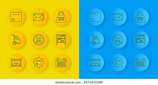 Set line Warehouse, Hand truck and boxes, This side up, Calendar, Carton cardboard, Weight and Envelope icon. Vector