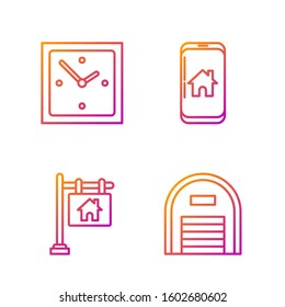 Set line Warehouse, Hanging sign with text Sale, Clock and Mobile phone with smart home. Gradient color icons. Vector