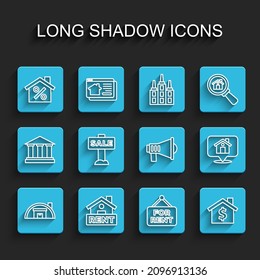 Fijar almacén de línea, signo de colgante con alquiler, descuento de percant de la casa, para, símbolo de dólar, icono de venta, ubicación y megáfono. Vector