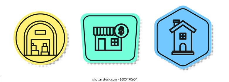 Set line Warehouse, House with dollar symbol and Home symbol. Colored shapes. Vector