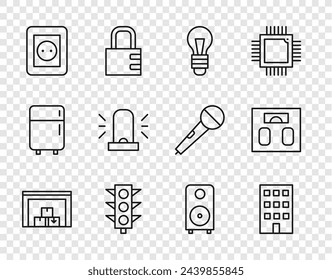 Set line Almacén, Casa, Bombilla, Semáforo, Toma de corriente eléctrica, Sirena Flasher, Altavoz estéreo e icono de básculas de baño. Vector