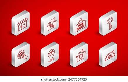 Set line Warehouse, House with percant discount, Hanging sign For Rent, key, shield, Market store, Location and Search icon. Vector