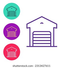 Establecer el icono de almacén de línea aislado en fondo blanco. Indique los iconos en colores. Vector