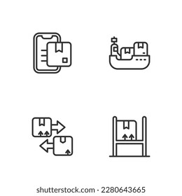 Set line Warehouse interior with boxes, Cardboard traffic symbol, Document tracking marker and Cargo ship delivery icon. Vector