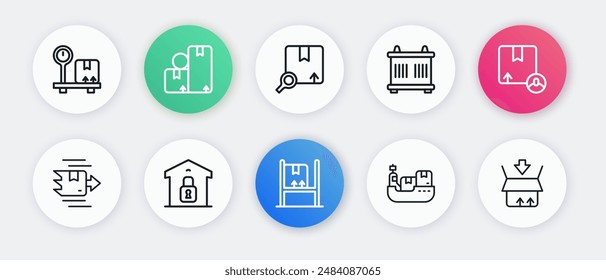 Set line Warehouse interior with boxes, Carton cardboard, Cargo ship delivery, Container, Search package,  and Closed warehouse icon. Vector
