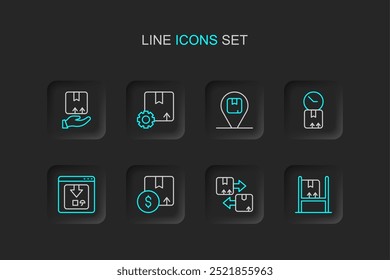 Set line Warehouse interior con cajas, Cartón símbolo de tráfico, cartón, seguimiento de entrega de App en línea, reloj, Locación, paquete de engranajes e icono de mano de entrega. Vector