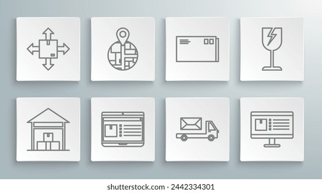 Set line Warehouse, Laptop with app delivery tracking, Post truck, Computer monitor, Envelope, Fragile broken glass symbol and Cardboard box traffic icon. Vector