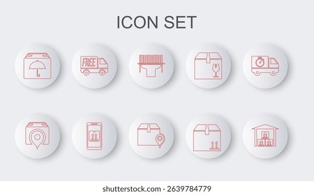 Set line Warehouse, Location with cardboard box, Scanner scanning bar code, Cardboard traffic, Delivery package umbrella, Free delivery service, Mobile app tracking and  icon. Vector