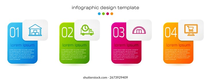 Fije el almacén de la línea, el camión y el reloj de la entrega de la logística, y el Carrito de compras en el ordenador. Plantilla de infografía de negocios. Vector