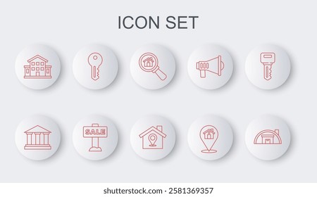 Set line Warehouse, Museum building, Search, Location with, House, key, Hanging sign Sale and  icon. Vector