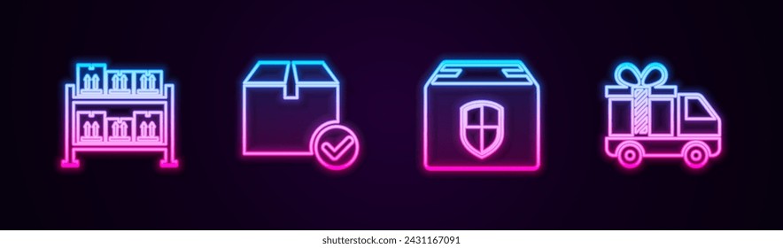 Set line Warehouse, Package box with check mark, Delivery security shield and truck gift. Glowing neon icon. Vector