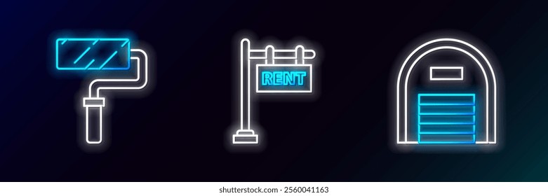 Set line Warehouse, Paint roller brush and Hanging sign with text Rent icon. Glowing neon. Vector