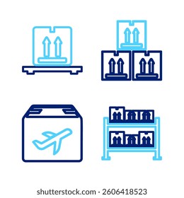 Set line Warehouse, Plane and cardboard box, Cardboard with traffic and boxes on pallet icon. Vector