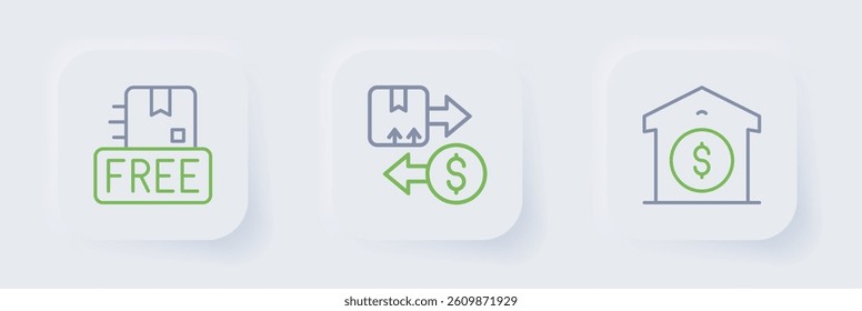 Set line Warehouse price, Tax cardboard box and Cardboard with free symbol icon. Vector