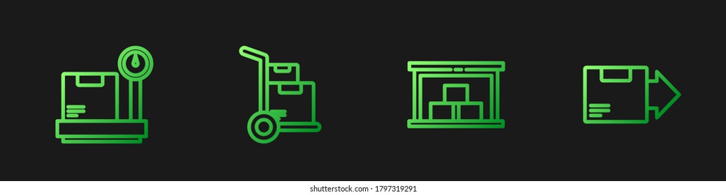 Set line Warehouse, Scale with cardboard box, Hand truck and boxes and Carton. Gradient color icons. Vector