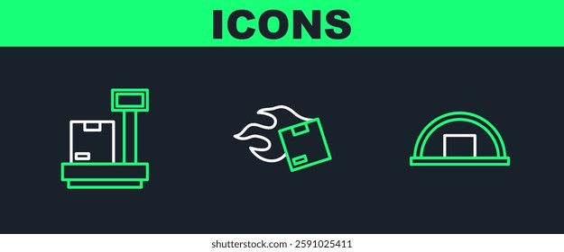 Set line Warehouse, Scale with cardboard box and Carton icon. Vector