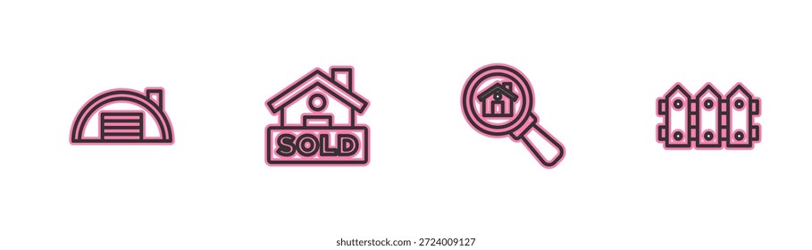 Set line Almacén, Búsqueda, signo colgante con texto Se vende y valla de jardín icono de madera. Vector
