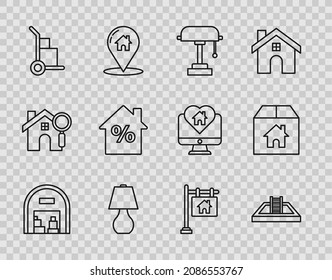 Lagerhaus, Swimmingpool mit Leiter, Tischlampe, Handwagen und Boxen, Rabattmarken des Hauses, Hängerschild und Pappsymbol. Vektorgrafik